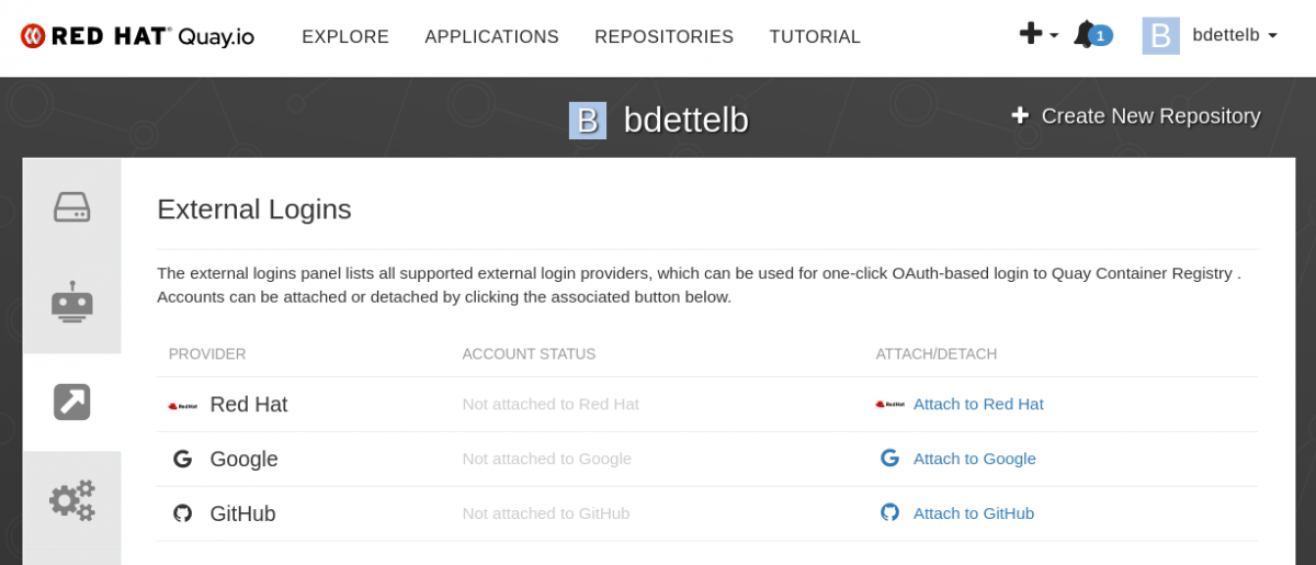 quay.io account settings