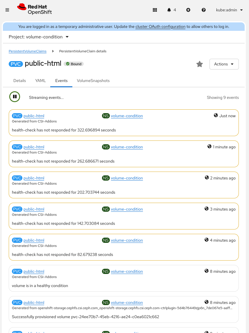 Red Hat OpenShift Console displaying Volume Condition events for the PersistentVolumeClaim
