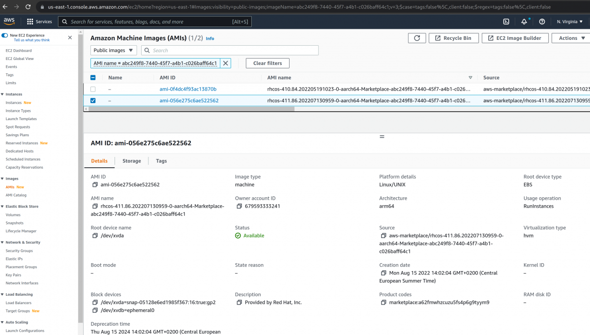 Finding the AMI ID by filtering the EC2 image view by AMI name with the product ID copied earlier