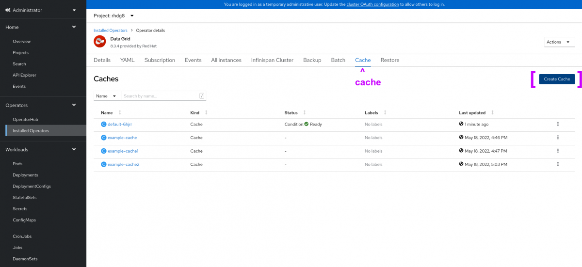 Cache creation example