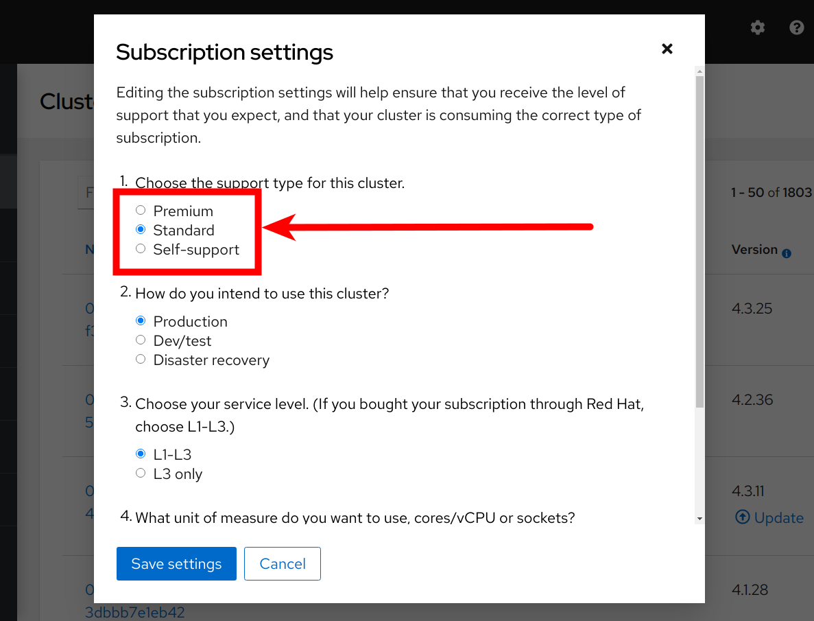 Red Hat Openshift Cluster Management Subscription Settings