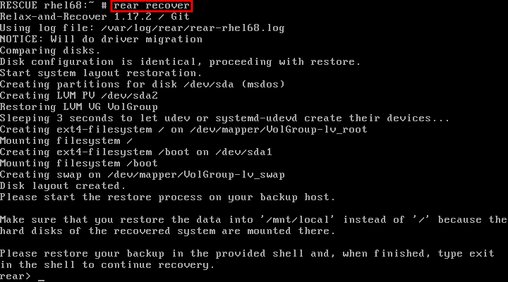 Rescue system: running "rear recover"